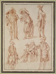 Deux études du Docteur dans la Comédie italienne et quatre officiers, trois debout, un assis (craie rouge avec plume et encre et lavis sur papier)